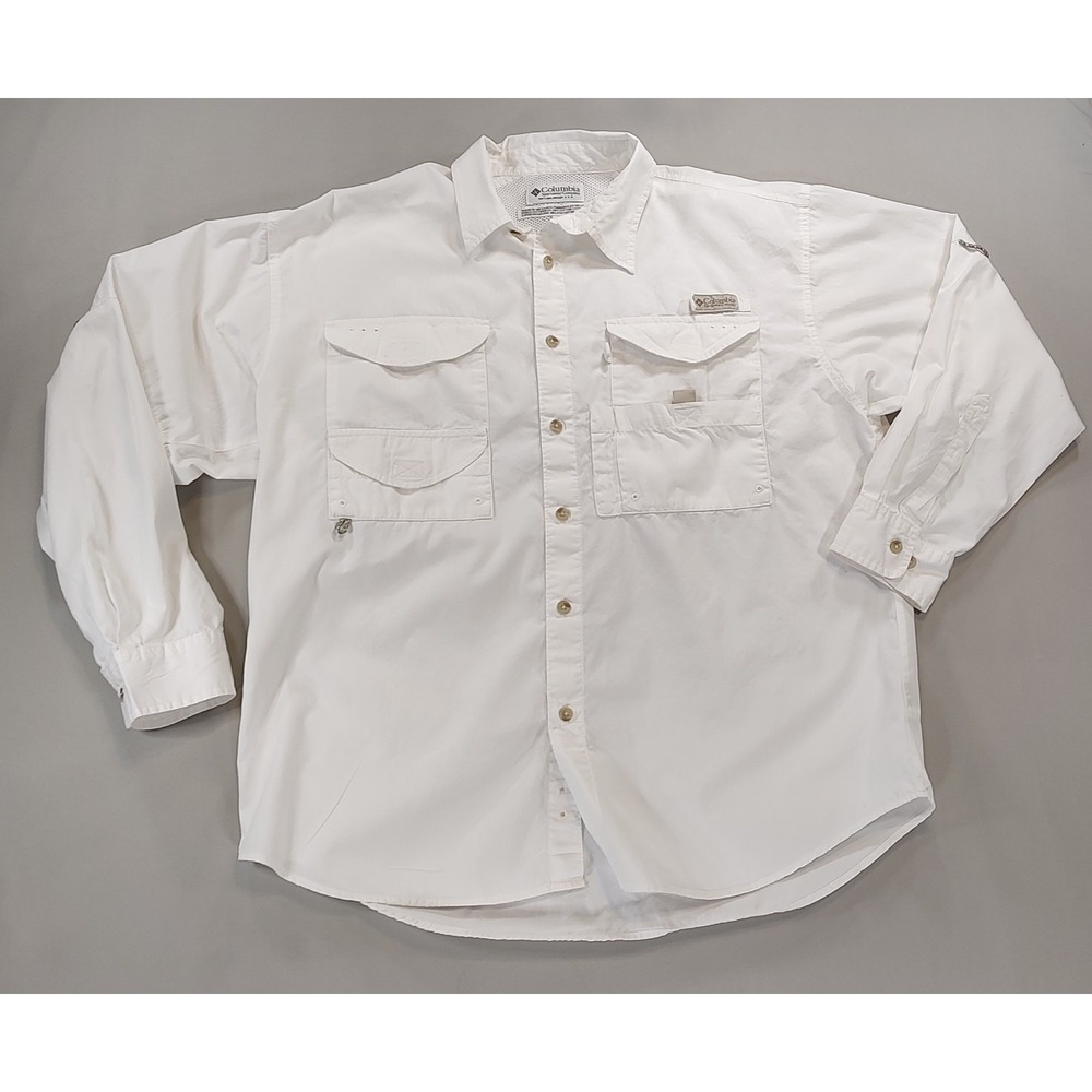 Columbia PFG Bahama II Mens White Vented Fishing Shirt Size M Long Sleeve Cotton